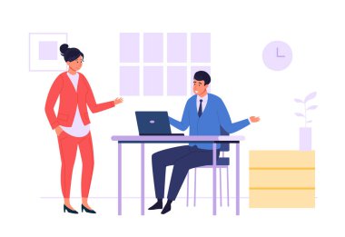 İş kadını ayakta duruyor ve iş arkadaşlarıyla konuşuyor. Dizüstü bilgisayar kullanıyor, profesyonel iletişim kuruyor. Ofis sohbeti, takım çalışması incelemesi. Düz modern vektör illüstrasyonu.