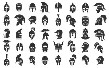 Farklı tarihsel dönemlerden savaşçı miğferi siluetleri. Ortaçağ temalı oyun grafikleri için Spartalılar, şövalyeler ve Vikingler gibi tarihi savaşçıları temsil eden stilize miğferler..