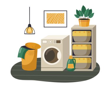 Çamaşır makinesi ve sepeti olan modern çamaşır odası, depo rafları, deterjan şişesi ve ev bitkisi. Organizasyon ve hijyen teması. Düz çizgi film vektör çizimi.