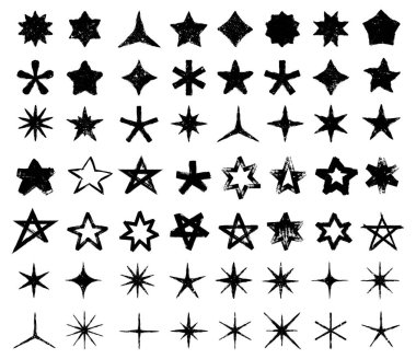 Kaba, mürekkepli dokuları ve düzensiz kenarları olan el çizimi yıldız simgeleri. Büyük yıldız kümeleri. Retro grafik tarzı klasik ve sanatsal dokunuşlu alternatif tasarım punk. Vektör illüstrasyonu.