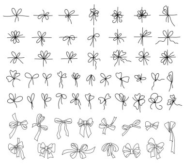 Çeşitli şekillerde el yapımı kurdeleler ve fiyonklar. Fiyonk ve fiyonk ince çizgi şeklinde. Dekoratif bağlama stilleri, tatil ambalajları veya tekstil tasarımı için. Tek renkli vektör çizimi.