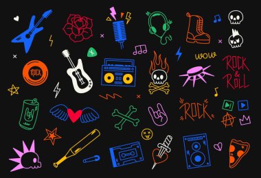 Punk rock ikonu. Yeraltı müzik etiketi, rock gitarı mikrofon gitar etiketleri, müzik bandosu logosu ve amblem tasarımı. Vektör rock n roll ayarlandı.