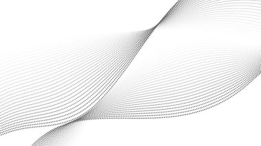 Nokta dalga arkaplanı. Çizgi eğrisi deseni, siyah ve beyaz dalgalı dinamik parçacıklar, soyut yarım ton gradyan duvar kağıdı tasarımı. Vektör illüstrasyonu.