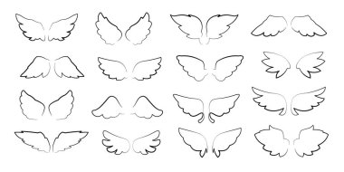 Çizgi kanatları simgesi. Melek kanadı çizimi, siyah kanatlı siluet, karalama kuşu dekoratif unsurları, uçuş özgürlüğü sembolleri. Vektör kanatları izole edildi.