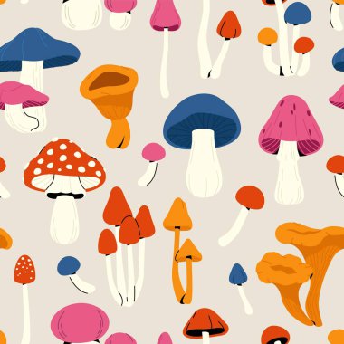 Sonbahar mantarları deseni. Sonbahar orman karikatür mantarı dikişsiz baskı, dekoratif arka plan renkli mantar dışkısı ve duvar kağıdı tasarımı için yenilebilir mantar. Vektör dokusu.