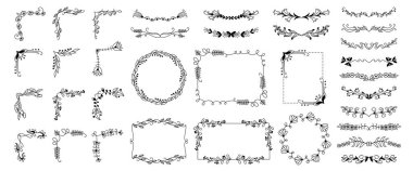 Çiçekli karalama sınırı. Dekoratif çerçeveler, çiçekler ve yaprakların köşeleri, düğün davetiyesi süsleme bölmeleri, sevimli çiçek çemberi dekorasyonu. Vektör çiçek çerçevesi ayarlandı.