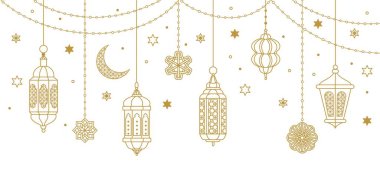İslami fener bayrağı. Ramazan altın dekoratif fenerler, Ramazan Bayramı kutlamaları için geleneksel Arap lambaları, İslam dini festivali. Vektör arkaplanı.