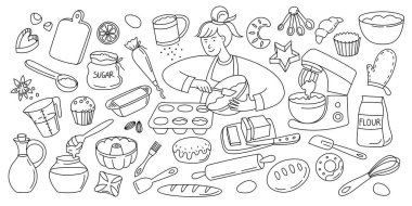 Doodle ikonları pişirir. Hamur işi ekmek ve kurabiye aletleri ve malzemeler, un şekeri yumurtaları hamur hamuru fırın raptiyesi, ev yapımı hamur işi unsurlar. Vektör izole edildi.
