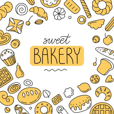 Fırın çerçevesi. Mutfak gereçleri sınırında, ekmek ve hamur işi eskiziyle kruvasan, simit, baget, çörek, tost. Fırın çerçevesi, ekmek dükkanı menüsü tasarımı. Vektör el çizilmiş sınır.