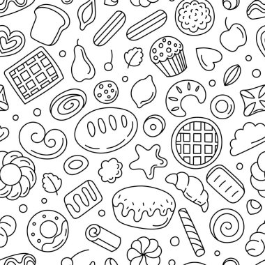 Karalama kalıbı. Elle çizilmiş fırın, yemek malzemeleri, pasta ve tatlı ile kusursuz mutfak baskısı. Paket kağıdı için vektör gıda dokusu.