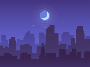 Geceleri büyük bir hilal altında gökdelenleri ve ofis binaları olan biçimlendirilmiş şehir silueti huzurlu ve sakin bir şehir atmosferi yaratıyor.