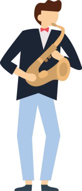 Saksafoncu saksafoncuyla büyüleyici melodiler çalıyor, zarif bir takım elbise ve papyon takıyor, caz, blues ve klasik müzik türlerinin özünü mükemmel bir şekilde somutlaştırıyor.