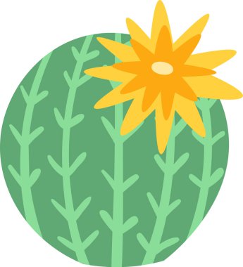 Çiçek açan sarı çiçek yeşil bir kaktüsün tepesine tüneyerek büyüleyici ve canlı bir manzara yarattı. Temiz beyaz arkaplan üzerine basit vektör çizimi, dekoratif kullanım için mükemmel