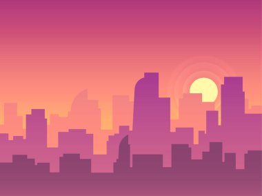 Gökdelenler ve ofis binalarıyla dolu modern bir şehrin üzerinde mor ve turuncu eğimli günbatımı canlı ve renkli bir şehir manzarası yaratıyor.