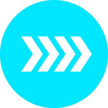 Beyaz üçlü ok, ileri hareketi sembolize ediyor, sonraki adımlar, oyun ya da devamlılık, temiz, düz bir dizayn arka planda canlı bir turkuaz halka karşı ayarlı