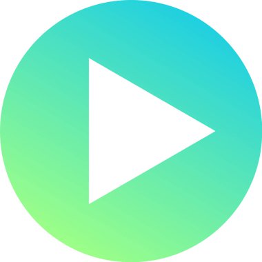 Multimedya projeleri için ortam oynatma ve kontrol kavramlarını temsil eden gradyan yeşil ve mavi daire arkaplanını gösteren beyaz oyun sembolü