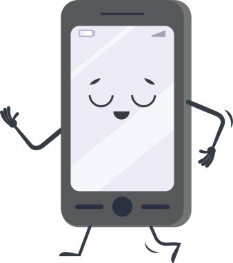 Çizgi film akıllı telefonu, neşeli, gülümseyen bir yüz, kapalı gözler, kollar ve bacaklar, el sallarken şakayla yürüyen, temiz beyaz bir arkaplan üzerine kurulmuş