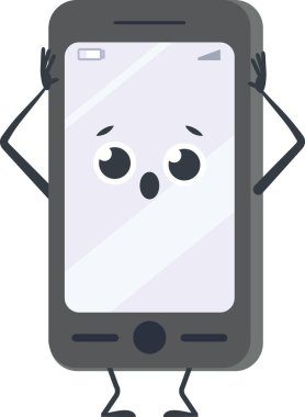 Antropomorfik akıllı telefon. Şaşırmış büyük gözleri ve ağzı açık ağzıyla ellerini tutuyor. Panik ve şoku ifade ediyor.