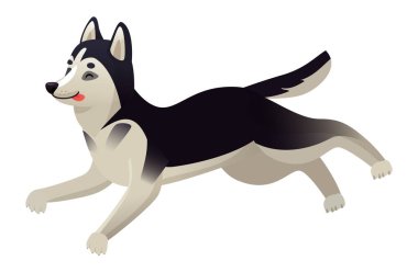 Çizgi film köpekleri neşeli bir şekilde dillerini dışarı çıkararak koşarlar, beyaz bir arka plana karşı izole olurlar, oyunculuğu, mutluluğu ve canlı köpek enerjisini somutlaştırırlar.