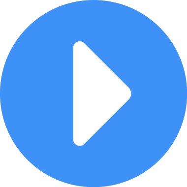 Beyaz oyun sembolü, video ve ses uygulamaları için başlatılan ve devam eden medya çalma kavramlarını görsel olarak temsil eden, mavi bir çemberin içinde sağı işaret ediyor