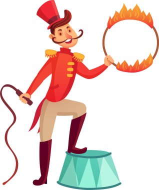 Kırmızı ceketli ve silindir şapkalı neşeli sirk müdürü elinde alevli bir halka ve kırbaç, küçük bir sirk kaidesi üzerinde duruyor, bir gösteri sunuyor.