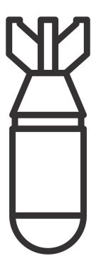 Hava bombasının basit, kalın çizgi simgesi yayılmış yüzgeçleri ile düşmek, savaş, yıkım ve askeri çatışma kavramlarını temsil etmek, çeşitli grafik tasarım projeleri için uygun