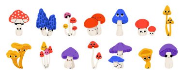 Mantar karakteri. Komik yüzlü şirin kawaii orman mantarları, karikatür sonbaharı yenilebilir ve mantar bitkisinin karakterlerini duygularla zehirlemek. İzole edilmiş vektör mantar kümesi.