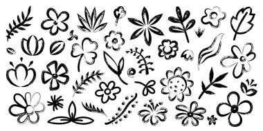 El yapımı fırça çiçeği. Çiçek mürekkebi taslak elementleri, grunge doodle çiçekli siluetler, basit bahar çiçekleri. Vektör izole edildi.