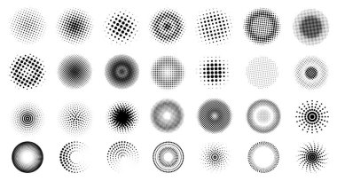 Yarım tonlu daireler. Siyah noktalı yuvarlak şekiller retro grafik tasarım için, monokrom gradyan yarım ton modern doku elementleri. Vektör pop sanat seti.