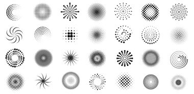 Yarım ton daire şeklinde. Noktalı yuvarlak geometrik elementler, soyut fırça noktaları pop sanat dokuları, antika çizgi romanlar ve nokta sprey semboller. Vektör izole edildi.