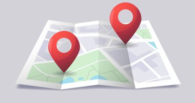 Pimi ile katlanmış şehir haritası. Üç boyutlu yol ikonu, konum işaretli kağıt turist rehberi, izometrik haritalama navigasyon konsepti. Vektör haritası sembolü.