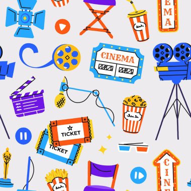 Film motifi. Sinema film yapım unsurları, sinematografi ikonlarının kusursuz baskısı, klapperboard kamera makaralı uçsuz bucaksız arka plan patlamış mısır. Vektör dokusu.