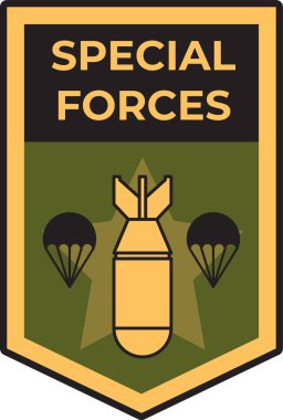 Özel kuvvetler logosu bomba ve paraşüt gösteriyor, askeri temalı bir arka plana ayarlanmış, hava operasyonlarını ve taktiksel konuşlanmayı simgeliyor.