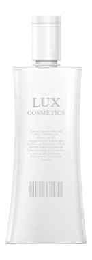 Beyaz arka plana yerleştirilmiş kapaklı, barkodlu ve örnek metinli gerçekçi beyaz plastik kozmetik şişesi güzellik ürünleri için temiz ve profesyonel bir görünüm sunuyor.