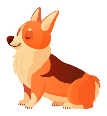 Tatlı bir Galli Corgi Pembroke 'un çizgi film çizimi. Oturup gülümsüyor, beyaz arka planda izole edilmiş, hayvan severler ve hayvan temaları için mükemmel.