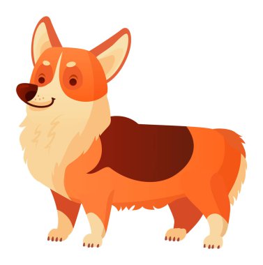 Beyaz arka planda izole edilmiş tüylü kürkünü ve dostça ifadesini gösteren, mutlu bir şekilde gülümseyen tatlı bir Galli Corgi köpeğinin çizgi film çizimi.