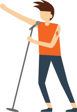 Dinamik bir şarkıcının sahnede mikrofon tutarak tutkulu bir şekilde performans sergilemesi. Karakter canlı stil ve canlı duruş müzik ortamında heyecan ve enerji iletir.