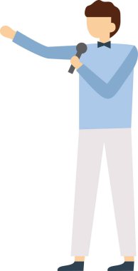 Resmi bir etkinlik sırasında elinde mikrofon, elinde el hareketleriyle zarif bir papyon tutan, güven ve profesyonellik saçan erkek bir tören üstadı.