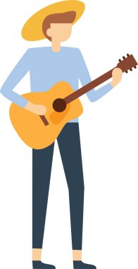 Sıradan kıyafetler ve hasır şapka giyen, akustik gitar çalan, beyaz arka planda soyutlanmış genç bir müzisyenin tam boy çizimi.
