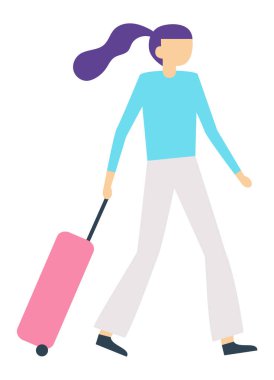 Genç kadın turist valiz, seyahat ve tatil konsepti, beyaz arka planda izole edilmiş basit düz vektör çizimi