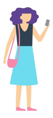 Bir elinde akıllı bir telefon, omzunda pembe bir çanta tutan mor saçlı genç bir kadının tam boy çizimi sıradan ve bağlantılı bir yaşam tarzını işaret ediyor.