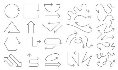 Çizgi okları. Minimalist soyut spiral dalga zigzag eğrisi ok bükme dekoratif elementler, modern ince monolin oklu karalama işaretleri. Vektör grafik kümesi.