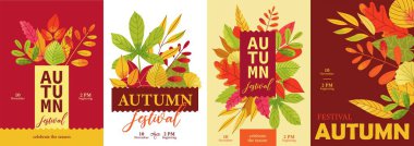 Sonbahar posterleri. Mevsimlik sonbahar botanik çiçek yaprakları arkaplanda Rowan dalları, sonbahar yaprakları tebrik kartı çerçevesi. Vektör sonbahar kapağı ayarlandı.