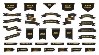 Kara Cuma kurdele etiketi. Özel fiyat etiketi, köşe buklesi yer imi Kara Cuma altın metni, indirimli etiket şekli alışveriş afişi tasarımı için. Vektör seti.