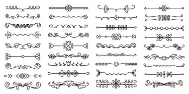 Karalama çiçeği süsleme bölücüsü. Dekoratif kabartma vuruşu, basit çiçek yaprağı şekilli zarif minimalist sınır elementleri. Vektör düğün daveti bölücüleri ayarlandı.