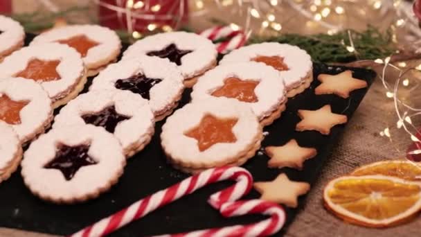 Handmade Christmas Cookies Woman Hands Close Decorating Cookie Dish Linzer — Stock Video