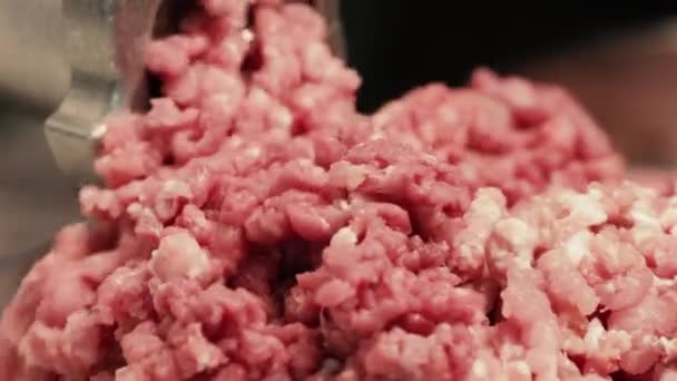 Proceso Elaboración Carne Picada Partir Trozos Cerdo Carne Vacuno Picadora — Vídeo de stock