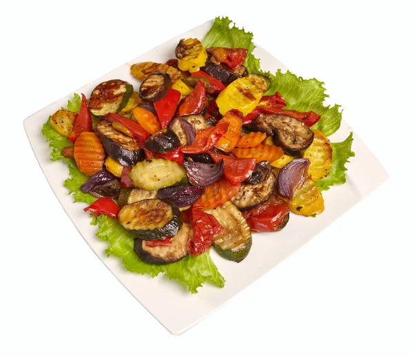 Roasted Vegetables Sliced Plate Peppers Zucchini Onions Carrots Green Salad — Stock Photo, Image