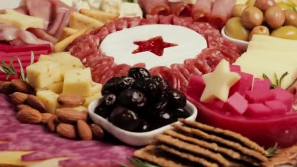 Charcuterie Cheese Platter Rotates Smoothly Its Axis Appetizers Boards Assorted — Stock Video