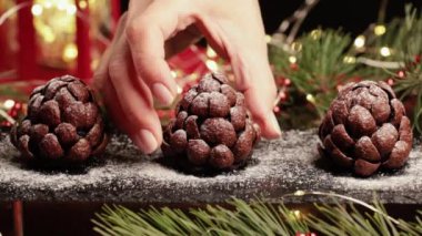 Şef servis masasını ladin ya da çam kozalağı şeklinde çam ağacı dalları ve parıldayan çelenk şeklinde el yapımı bir çikolatayla hazırlar. Noel ve yeni yıl arifesi için şenlikli pişmiş yiyecekler.